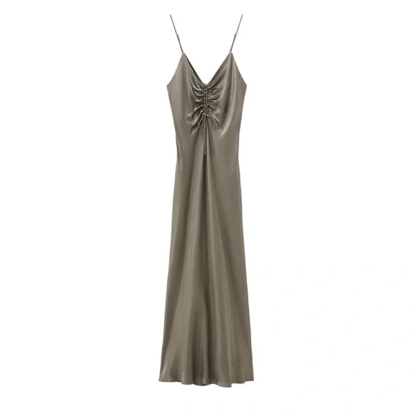 Zara Ruched Slip Dress Midi Satin Feel Size XS Grey Cocktail Party - Picture 1 of 10